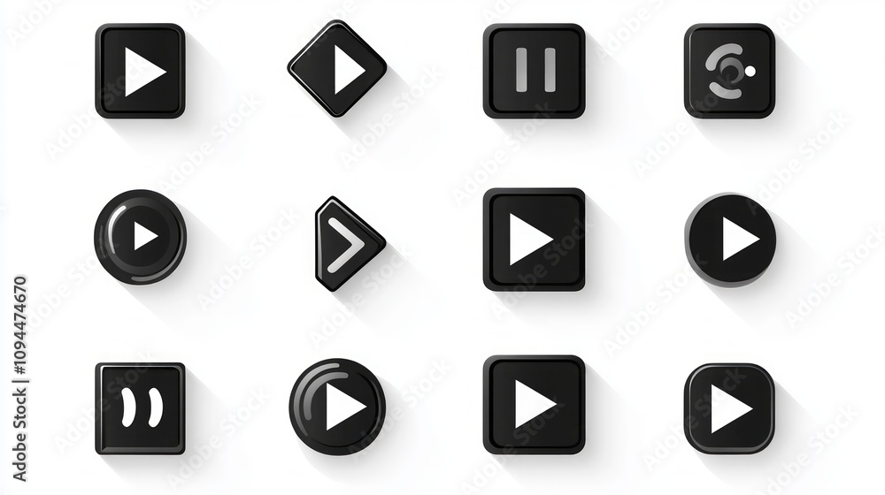Collection of black play, pause, and stop buttons with shadows. Collection of black play, pause, and stop buttons with shadows.