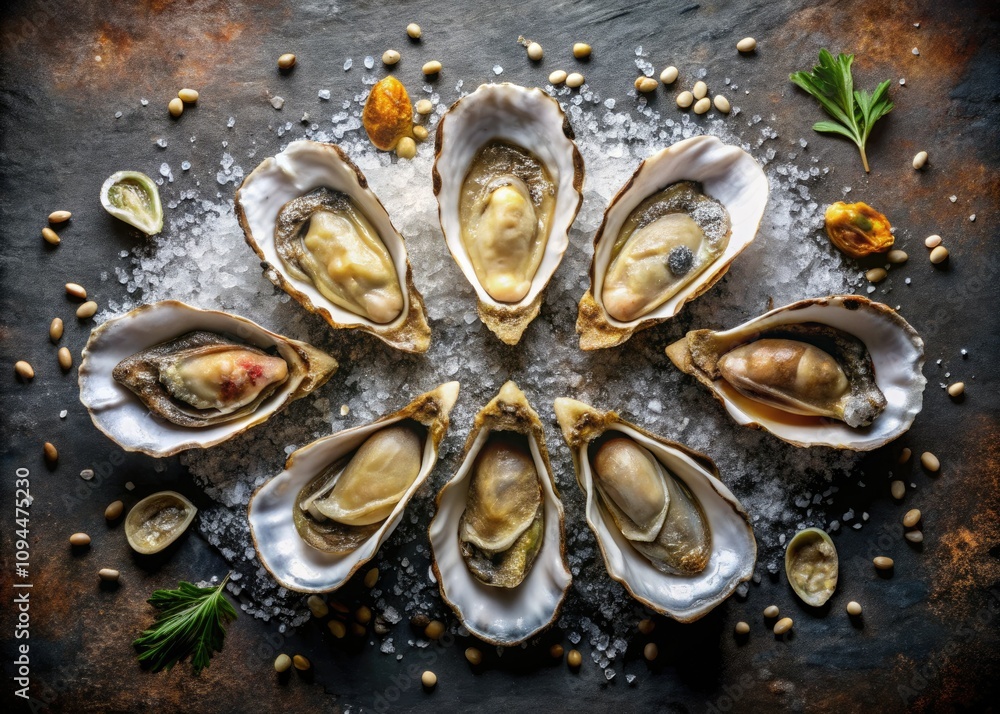 Detailed Product Photography of Nine Opened and Closed Oysters, Showcasing Natural Textures, Colors, and Unique Shell Designs for Culinary and Seafood Enthusiasts