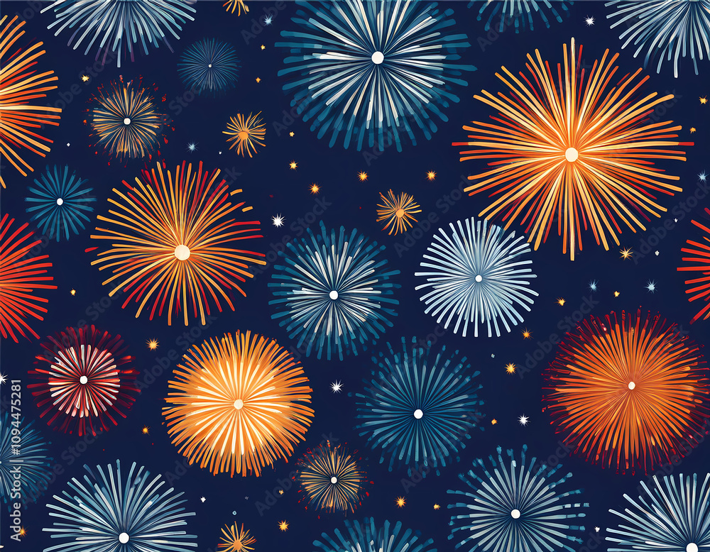 Fototapeta premium Fireworks Celebration Seamless Pattern: A festive and vibrant seamless pattern featuring colorful fireworks bursting against a dark blue night sky.
