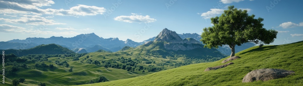 A serene landscape featuring rolling hills, a single tree, and majestic mountains under a clear blue sky. A serene landscape featuring rolling hills, a single tree, and majestic mountains under a clear blue sky.