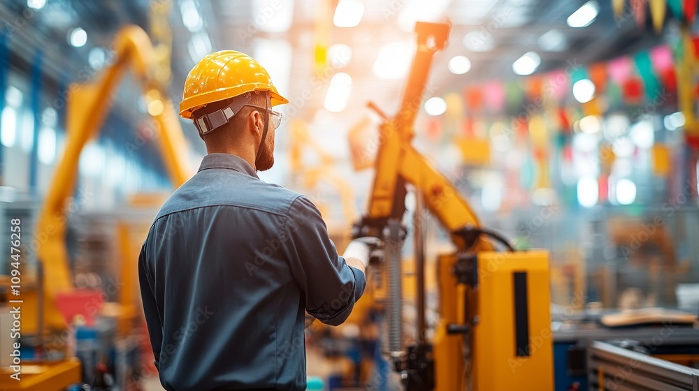A worker in a hardhat standing in a factory amongst robotic arms A worker in a hardhat standing in a factory amongst robotic arms