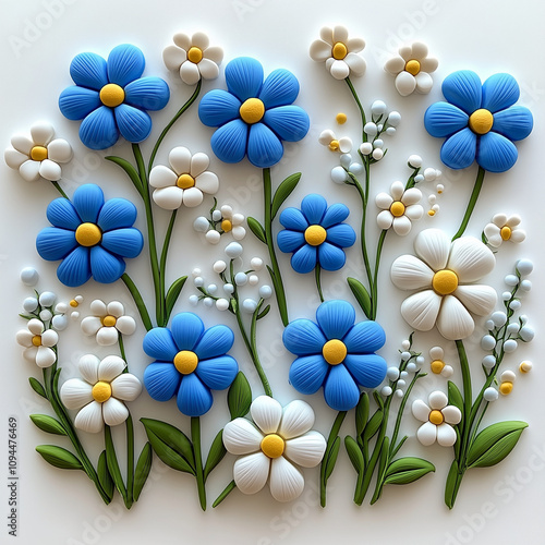 3D clay-style artwork, set against a white background with numerous colorful flowers, featuring light pastel colors, and a cute aesthetic.