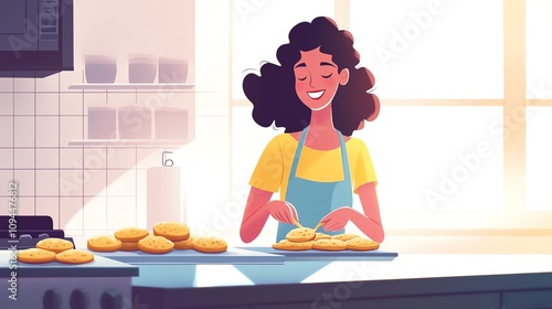 a 2D cartoon illustration of a woman baking cookies in the kitchen, happy and sweet, white background--ar 16:9 photo