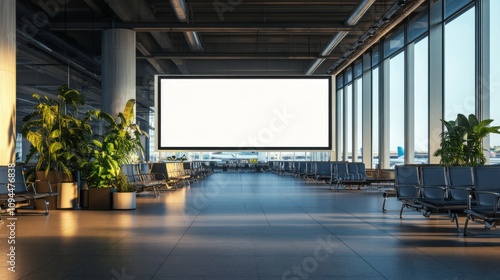 Departure lounge in an airport with a blank white billboard for advertisement mockup
