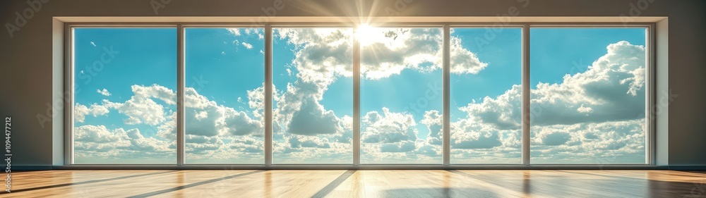Bright room with large windows showcasing a beautiful sky filled with clouds and sunlight streaming in, creating an inviting atmosphere. Bright room with large windows showcasing a beautiful sky filled with clouds and sunlight streaming in, creating an inviting atmosphere.