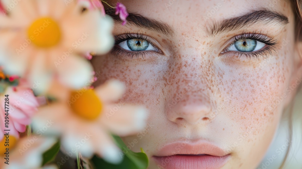Close-up of a beautiful woman with freckles and captivating blue eyes surrounded by vibrant flowers. Close-up of a beautiful woman with freckles and captivating blue eyes surrounded by vibrant flowers.