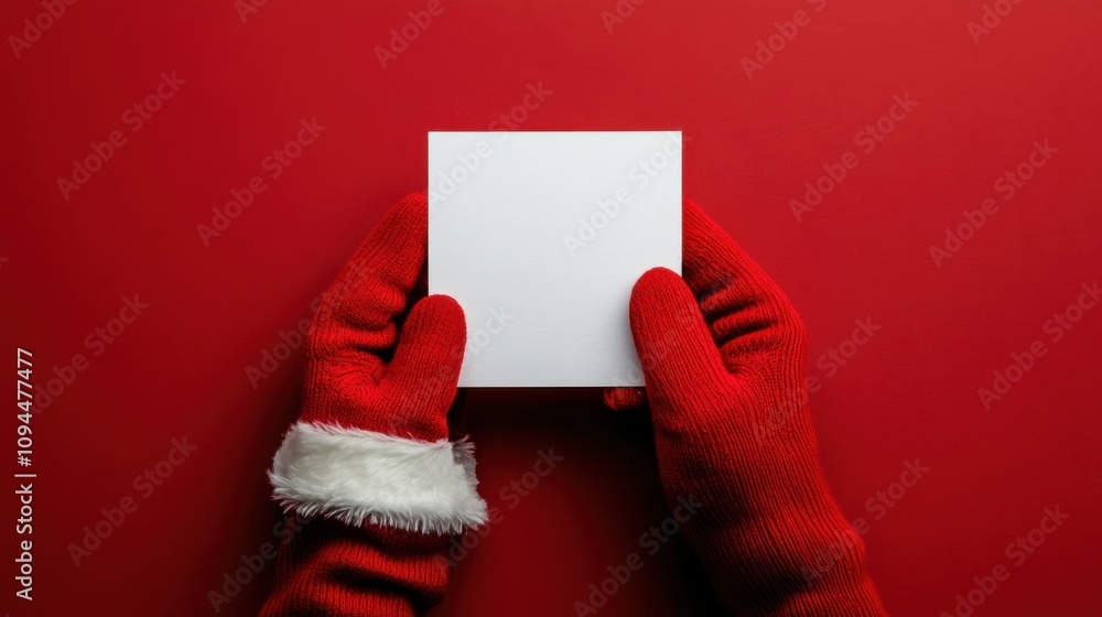 Obraz premium Santa-themed glove holding a blank card for a festive holiday design concept