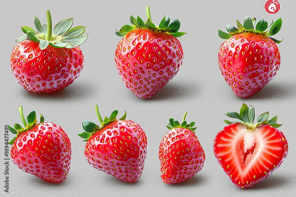 Eight fresh strawberries on a grey background, including a sliced strawberry, showing various angles. Eight fresh strawberries on a grey background, including a sliced strawberry, showing various angles.