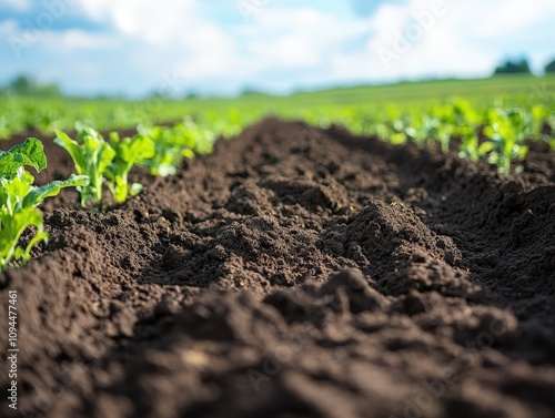 Close-up of rich soil in a field, showcasing healthy green plants sprouting under a bright blue sky.