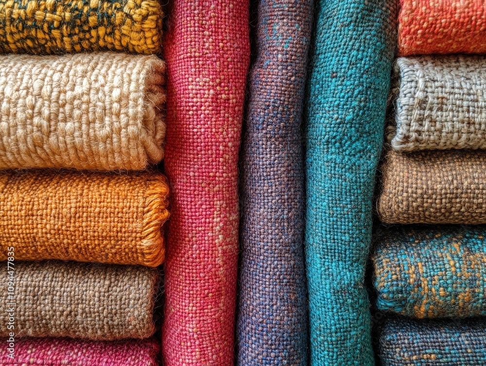 Colorful collection of rolled textiles showcasing unique patterns and textures, perfect for home decor or fashion design inspiration. Colorful collection of rolled textiles showcasing unique patterns and textures, perfect for home decor or fashion design inspiration.