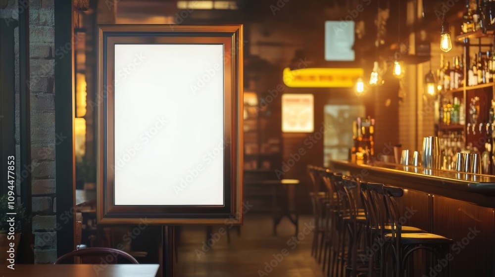 Digital sign poster mockup displayed in a bar for promotional content Digital sign poster mockup displayed in a bar for promotional content