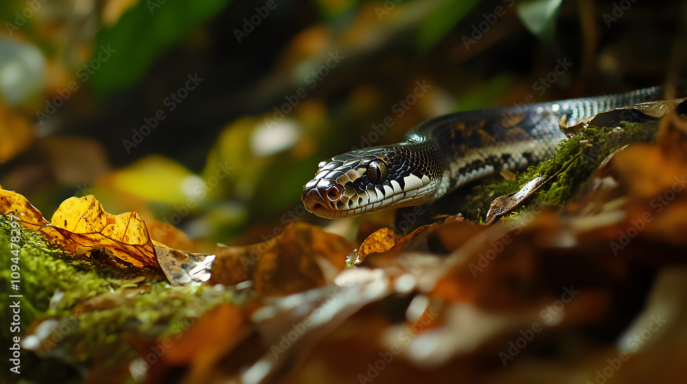 A python slithering along a jungle floor covered in fallen leaves and moss its scales gleaming. A python slithering along a jungle floor covered in fallen leaves and moss its scales gleaming.
