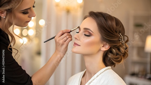 Caucasian female adult getting wedding makeup applied in elegant hairstyle setting photo