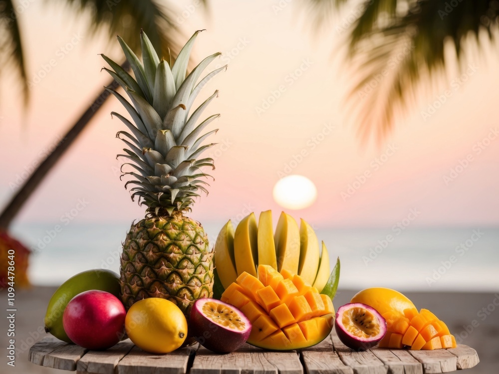 Vibrant Tropical Fruit Still Life on Beach Table with Soft Sunset Glow. Vibrant Tropical Fruit Still Life on Beach Table with Soft Sunset Glow.
