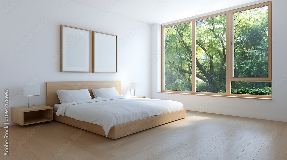 Serene bedroom retreat with nature views modern design tranquil environment minimalist concept Serene bedroom retreat with nature views modern design tranquil environment minimalist concept