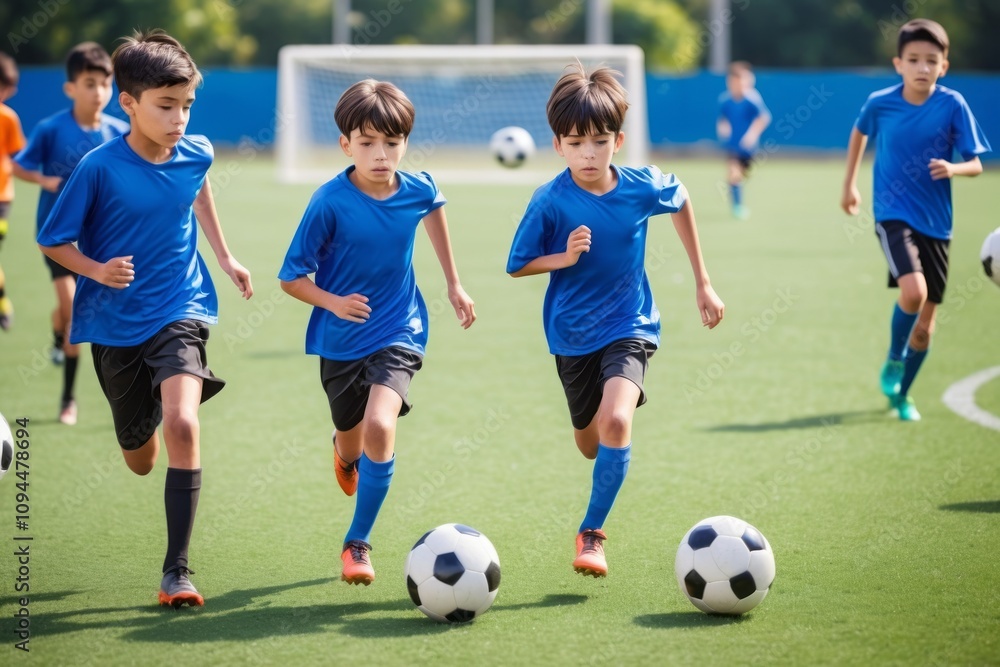 Children playing soccer on a green field with a group of boys running and kicking the ball, enjoying a fun and energetic game Children playing soccer on a green field with a group of boys running and kicking the ball, enjoying a fun and energetic game
