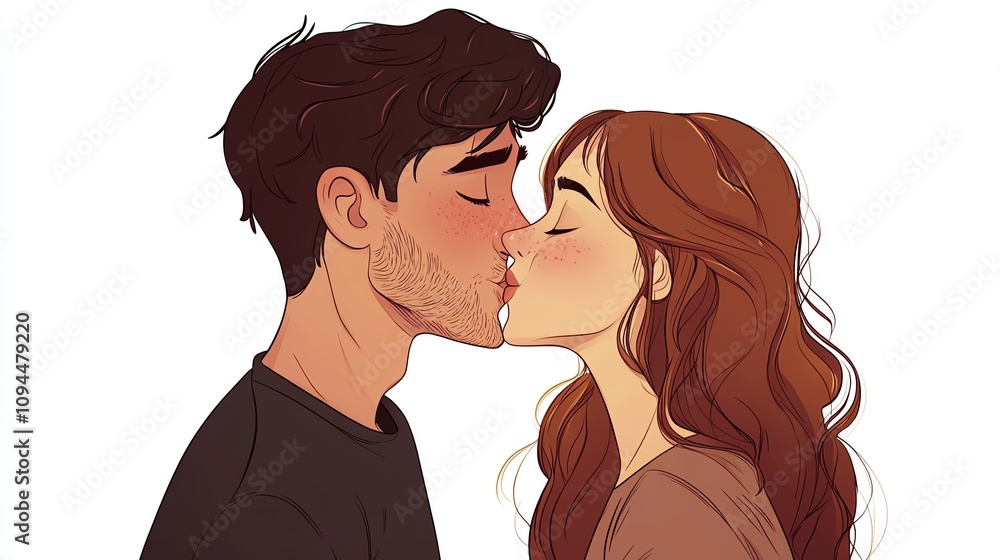 a 2D cartoon illustration of a couple sharing a romantic kiss, loving and warm, white background--ar 16:9 a 2D cartoon illustration of a couple sharing a romantic kiss, loving and warm, white background--ar 16:9