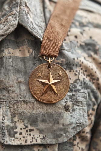 Bronze star medal on camouflage uniform. photo