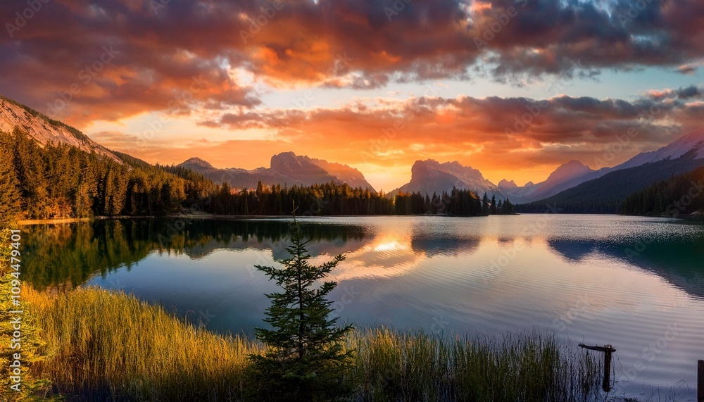 Fototapeta premium Golden Hour Over Serene Mountain Lake with Vibrant Reflections and Dramatic Sky