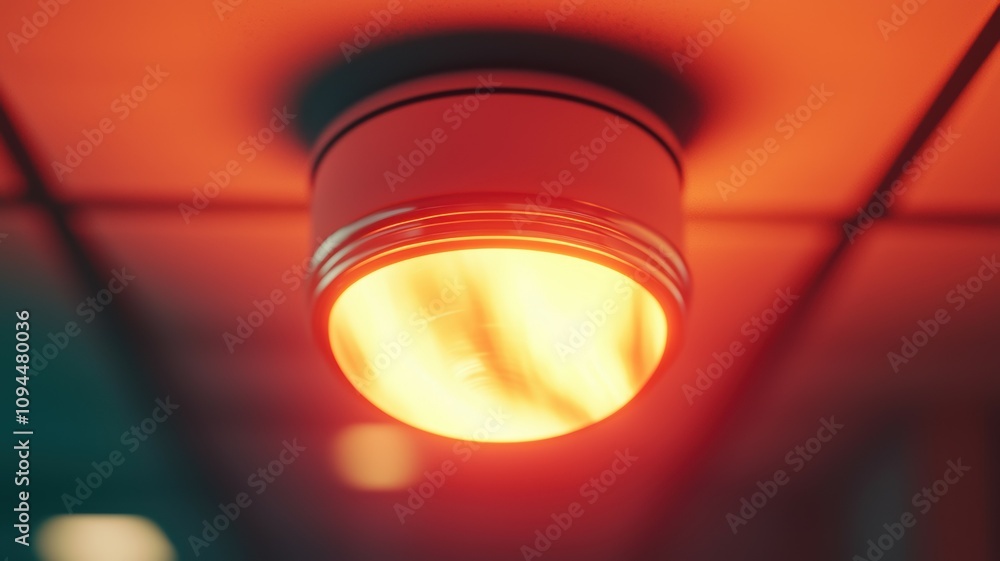 Fire Alarm Sensor Activation Concept. Bright flame reflection on a glossy surface in a vibrant image. Fire Alarm Sensor Activation Concept. Bright flame reflection on a glossy surface in a vibrant image.
