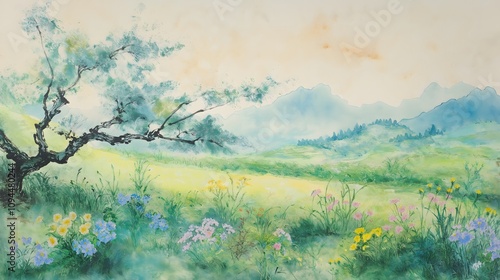Serene Watercolor Landscape: Tree, Wildflowers, Mountains
