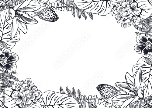 Tropical frame in ink. Monstera palm leaves, fern, lilies, anemones, butterflies. Hand drawn vector illustration in graphic style. For greeting cards, invitations, labels.