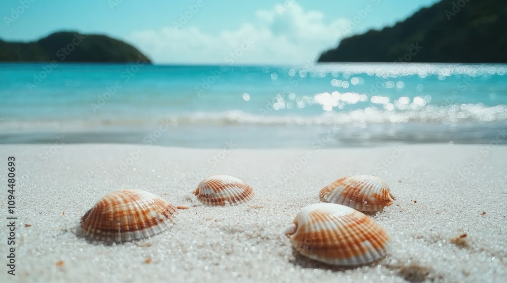 Tranquil Beach Scene with Seashells on Sand Tranquil Beach Scene with Seashells on Sand