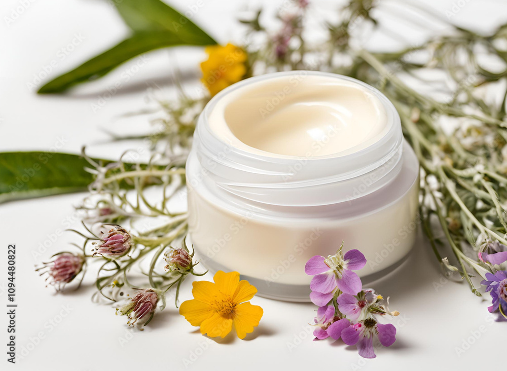 organic herbal cosmetic cream and flowers. beauty concept organic herbal cosmetic cream and flowers. beauty concept