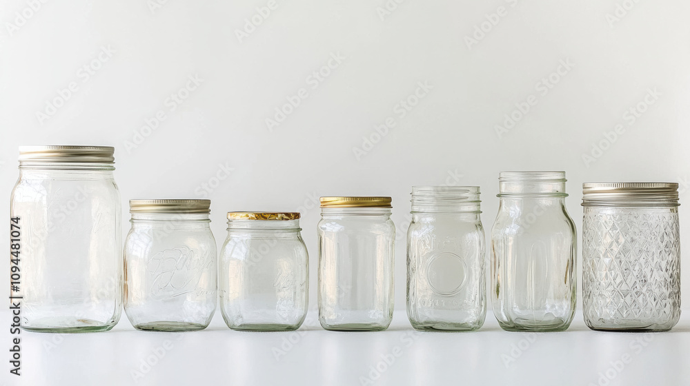 Empty glass mason jars different sizes clean simple minimalist storage containers kitchen pantry organization home tableware glass jar lid metal gold silver white background product photography still Empty glass mason jars different sizes clean simple minimalist storage containers kitchen pantry organization home tableware glass jar lid metal gold silver white background product photography still