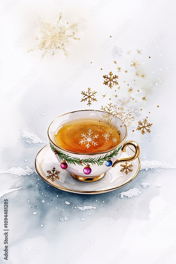 Warm Winter Tea in Festive Christmas Mug with Snowflakes Warm Winter Tea in Festive Christmas Mug with Snowflakes