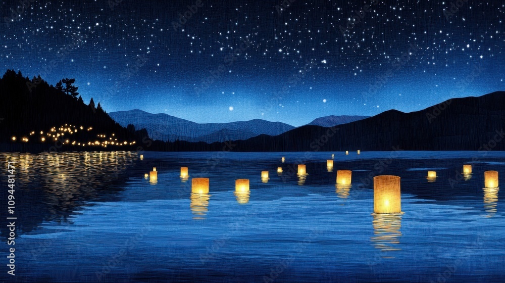 Obraz premium A paper-cut world with floating lanterns illuminating a tranquil lake under a dreamy star-filled sky.