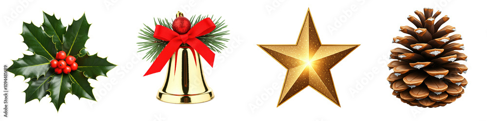 set bundle collection festive Christmas decorations with pine cone, golden star, bell with ribbon, and holly leaves and berries on transparent background 300dpi png set bundle collection festive Christmas decorations with pine cone, golden star, bell with ribbon, and holly leaves and berries on transparent background 300dpi png