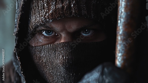 A close-up of a male figure with piercing blue eyes, shrouded in dark clothing, exuding an intense and mysterious vibe. photo