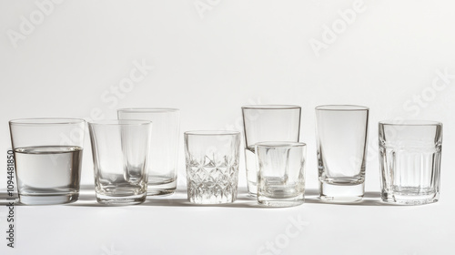 Clear glassware assortment tumblers highballs rocks glasses empty glasses glass drinkware barware crystal transparent clean simple minimalist still life white background glassware collection various