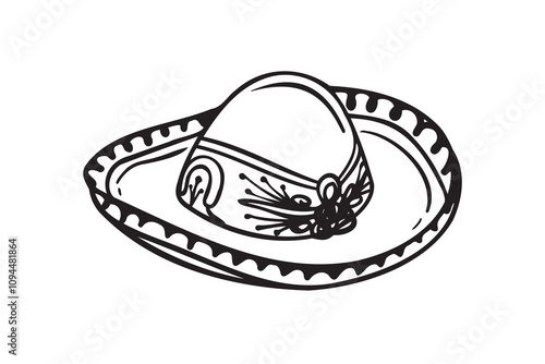 Hand drawn Mariachi hat illustration. Doodle mariachi hat. Sketch of mariachi hat isolated on white background. Sketch of sombrero. Vector illustration.