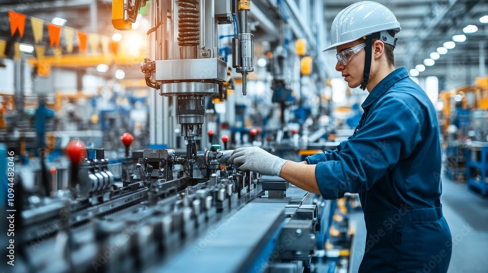 A factory worker operates machinery in a modern industrial setting A factory worker operates machinery in a modern industrial setting