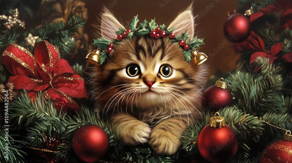 Adorable kitten with a festive holiday crown of holly sitting among Christmas decorations and ornaments, exuding warmth and cheer in a cozy holiday setting Adorable kitten with a festive holiday crown of holly sitting among Christmas decorations and ornaments, exuding warmth and cheer in a cozy holiday setting