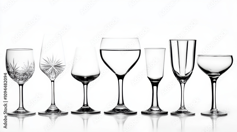 Empty cocktail glasses various shapes clear glass glassware drinkware barware crystal elegant sophisticated minimalist clean simple shiny reflection white background studio shot collection set