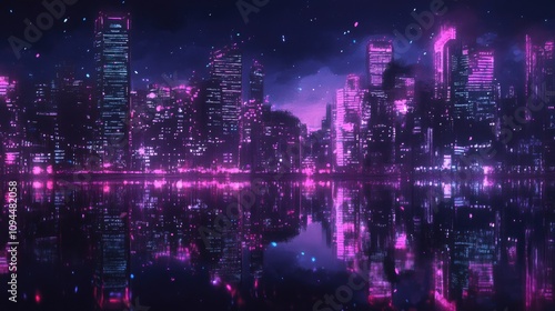 A vibrant city skyline at night, illuminated in shades of pink and purple, reflecting on the calm water below.