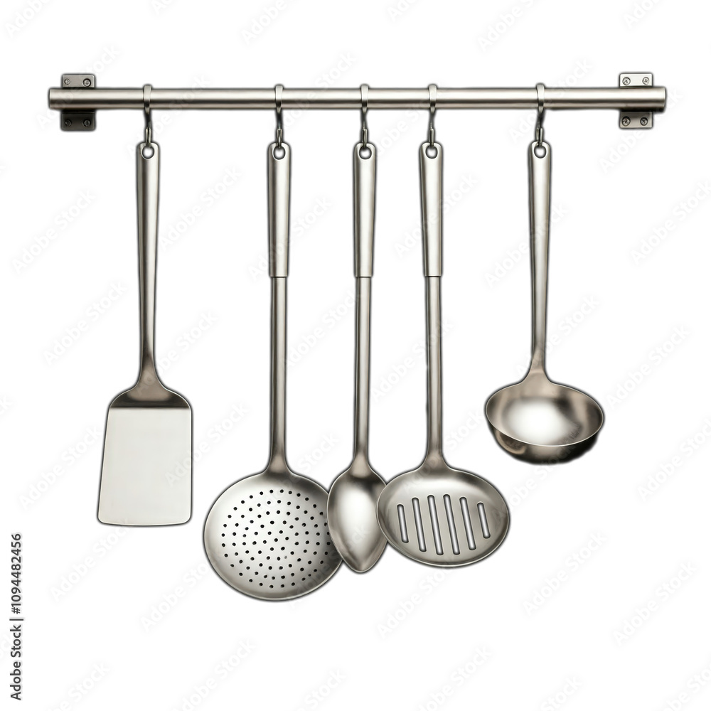 Set bundle collection of stainless steel kitchen utensils tools hanging on a rack, skimmer, spatula, slotted spoon, good for meat cooking and soup brewing on transparent background 300dpi png Set bundle collection of stainless steel kitchen utensils tools hanging on a rack, skimmer, spatula, slotted spoon, good for meat cooking and soup brewing on transparent background 300dpi png