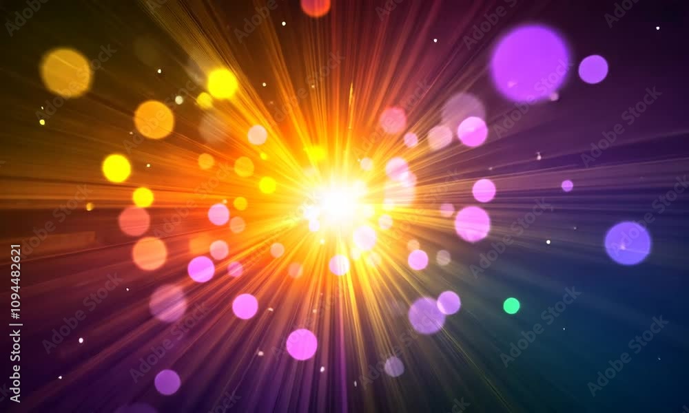 Abstract colorful light rays burst from a bright center with bokeh lights. Abstract colorful light rays burst from a bright center with bokeh lights.