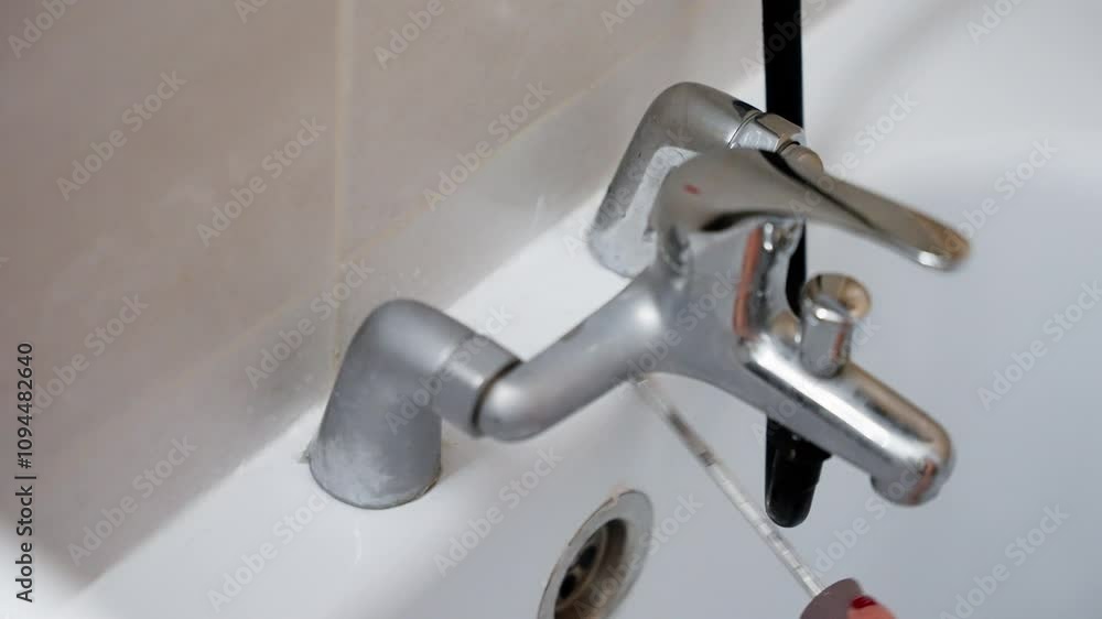 Plumber removes silicone sealant in a bathroom, utilizing a specialized tool to prepare for reapplying sealant around a bathtub faucet Plumber removes silicone sealant in a bathroom, utilizing a specialized tool to prepare for reapplying sealant around a bathtub faucet