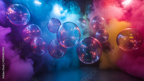 A surreal installation of floating transparent spheres filled with swirling colored smoke. photo