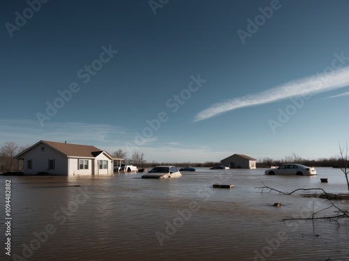 Flood Disaster Submerged Cars Damaged Homes Storm Aftermath. photo