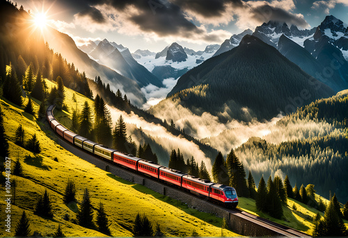 A train moves along a railroad high in the mountains as the sun sets. The train travels through beautiful mountainous areas. Beautiful mountain landscape at sunset.