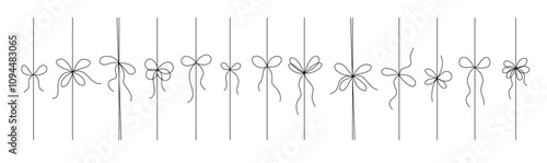 Gift ribbon Black line set, isolated. Thin bow for gift box decoration vector doodle illustration.