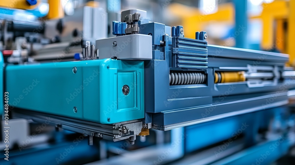 Close-up of Automated Manufacturing Machinery with Blue and Grey Components Close-up of Automated Manufacturing Machinery with Blue and Grey Components
