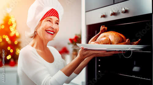 Anciana sonriente sostiene un plato de pavo navideño cocinado en el horno en una cocina moderna. Vacaciones de Navidad, comida y cena de año nuevo en familia.