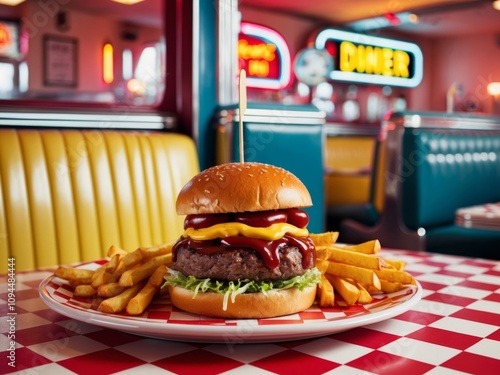Vibrant retro fast food experience delicious burger and fries in a classic diner setting.