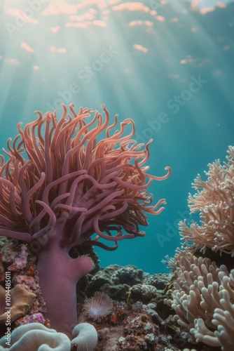 Colorful marine life with coral and tentacles. photo